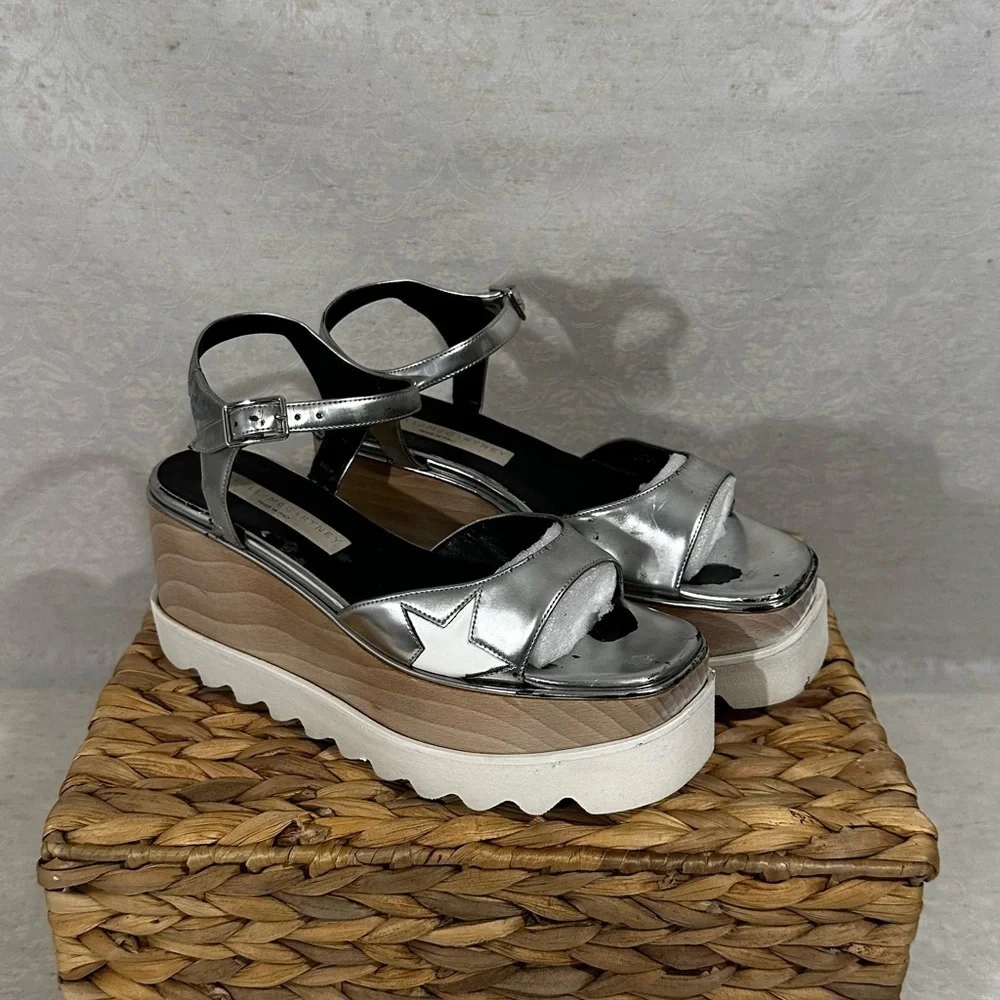 Stella McCartney Elyse Indium Star Platform Sandals Silver Metallic Size 36.5
